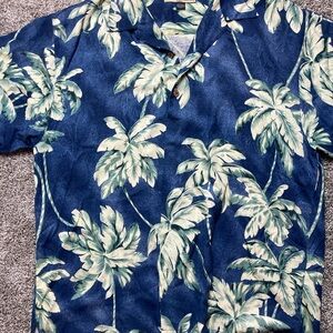 Tommy Bahama Men’s Silk Hawaiian Shirt Size Large Palm Trees AOP Relax Fit Blue